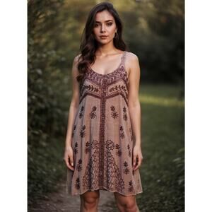 ZURY Burgundy/Red Spaghetti Strap Boho Embroidered Slip Dress M/L